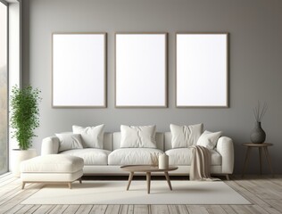 Modern living room with white furniture and three white frames mockup.