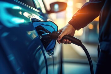 Person is plugging an electric car with a charger.