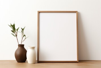 Picture frame with empty frame on a wooden table beside a vase.