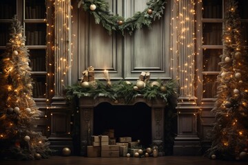 Obraz premium Festive fireplace adorned with christmas decorations and a beautiful wreath
