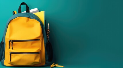 School bag with stationery. Back to school ad poster. Yellow college students backpack equipment with pencils and pen. - obrazy, fototapety, plakaty