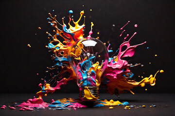 Creative light bulb explodes with colorful paint and splashes on a dark background