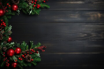 Fototapeta na wymiar Festive christmas wreath on a rustic black wooden background