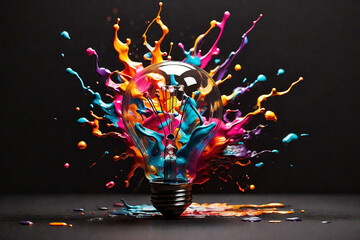 Creative light bulb explodes with colorful paint and splashes on a dark background