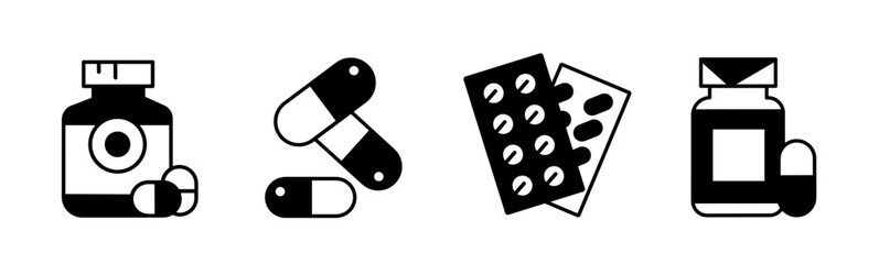 Pill icon vector black and white Illustration design for business. Stock vector.