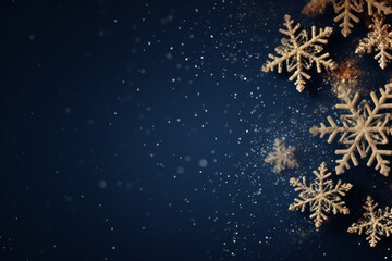 Glittering golden snowflakes on a deep blue background