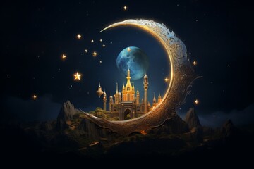 Islamic crescent moon on starry night design