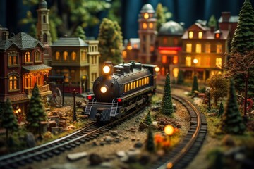 Miniature toy village with twinkling lights and a train