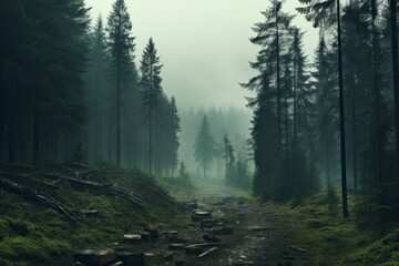 Misty forest landscape that invites exploration and discovery - obrazy, fototapety, plakaty