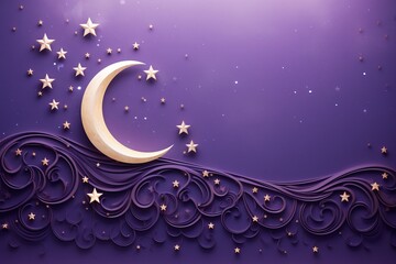 Fototapeta premium Moon and stars on a purple pattern for Mawlid background