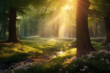 Peaceful forest glade with sunlight streaming through