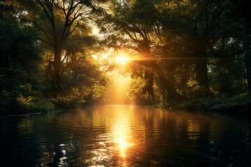 Peaceful river scene with sunlight dancing on the water