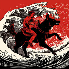 高波の中オオカミに乗り海を渡る赤い青年