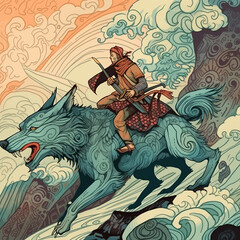 波が押し寄せる崖をオオカミに乗って駆け降りる戦士
