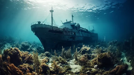 Gordijnen sunken ship landscape on the seabed, underwater view shipwreck artificial reef abstract fictional graphics © kichigin19