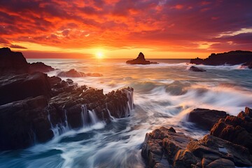 Obraz premium Rocky coastline and crashing waves under a fiery sunset sky