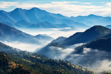 Rocky mountain range disappearing into the mist in the distance