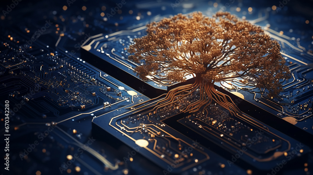 Poster background concept is artificial intelligence, a symbol of nature and growth, a tree of life and a b
