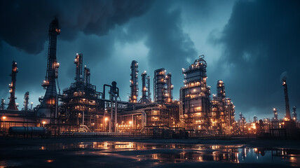 oil refinery pipe panorama, gloomy atmosphere, environmental pollution, ecology, carbon footprint - obrazy, fototapety, plakaty