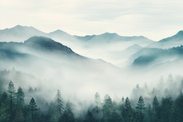 Serene and calming social media background with a misty mountain landscape