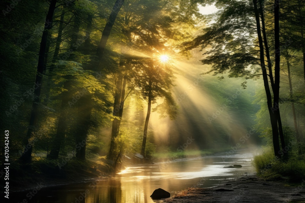 Poster sunlight breaking through the forest mist in a captivating way