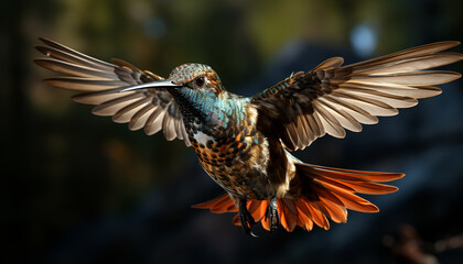 Obraz premium Hummingbird flying, spread wings, close up, vibrant colors, beauty in nature generated by AI