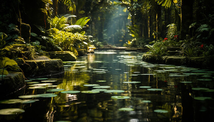 Tranquil scene green forest, water reflects beauty of nature generated by AI