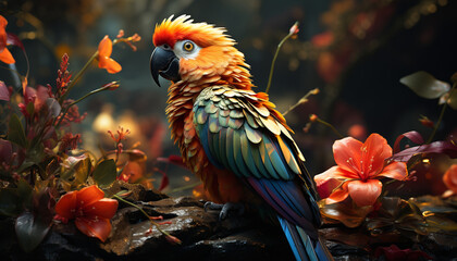 A vibrant, multi colored macaw perching on a branch in nature generated by AI