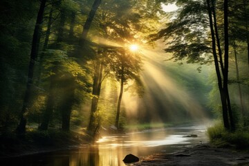 Sunlight breaking through the forest mist in a captivating way