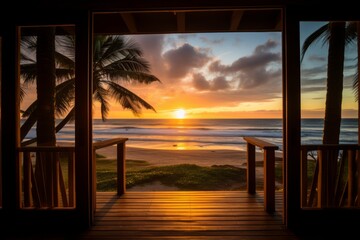 Sunrise over the ocean, seen from a cozy beach house