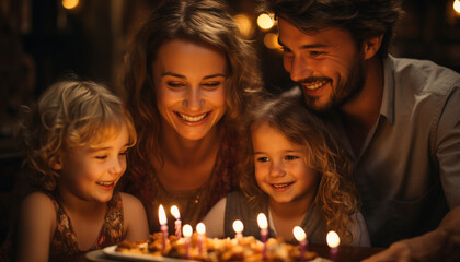 Family sitting together, smiling, enjoying birthday cake by candlelight generated by AI