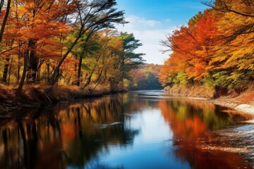 Naklejka premium Tranquil river reflecting the colors of autumn foliage