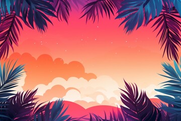 Tropical and summery social media background with palm leaves and sunsets