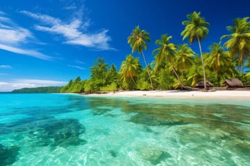 Foto op Canvas Tropical paradise with palm trees and turquoise waters forming an exotic wallpaper background © KerXing