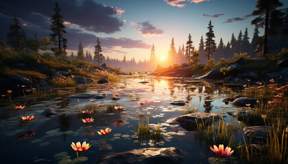 Fototapeta premium Tranquil sunset reflects on water, nature beauty in landscape generated by AI