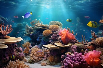 Underwater coral reef scene with a variety of marine species