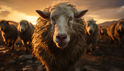 Fototapeta premium Cute animals grazing on a farm, nature beauty standing strong generated by AI