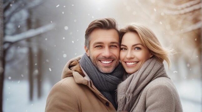 Portrait of a happy smiling european couple against winter ambience background, background image, AI generated