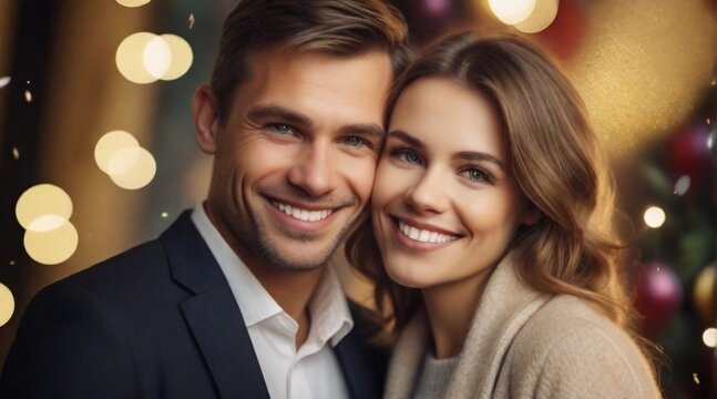 Portrait of a happy smiling european couple against new year party background, background image, AI generated