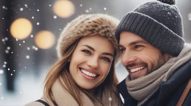 Portrait of a happy smiling european couple against winter ambience background, background image, AI generated