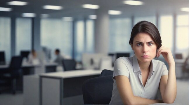 Portrait of a woman with a sad expression against office work ambience background, background image, AI generated