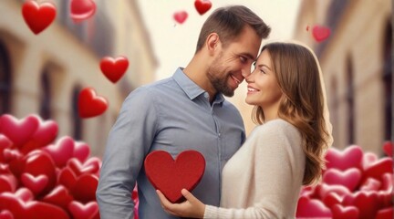 Portrait of a happy european couple against valentine's day ambience background, background image, AI generated