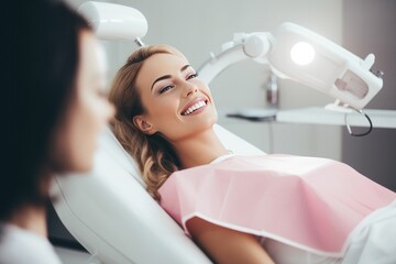 Woman having a dental procedure. - obrazy, fototapety, plakaty