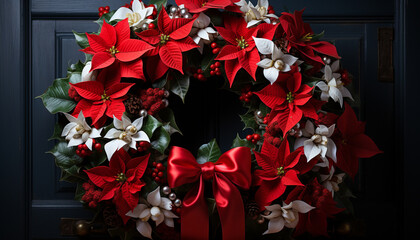 Freshness of winter, nature gift Poinsettia decoration, holly wreath generated by AI