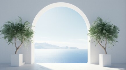 White door opens on a white wall with ocean view over the arched doorways. - obrazy, fototapety, plakaty