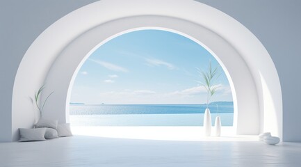 Obraz na płótnie Canvas White room with an archway and a view of the ocean.