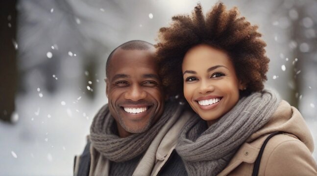 Portrait of a happy smiling afro-american couple against winter ambience background, background image, AI generated