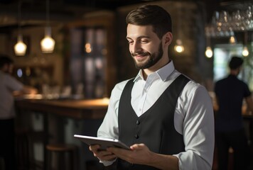 Attractive male waiter utilizing his tablet in a cafe. - obrazy, fototapety, plakaty
