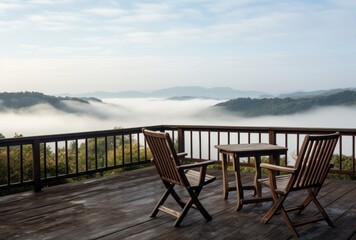 Fototapeta na wymiar Empty deck overlooking fogcovered countryside.