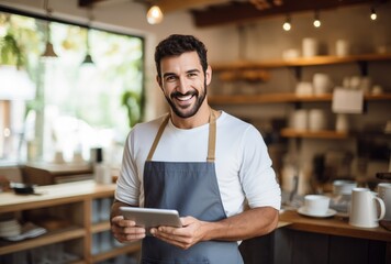 Restaurant, tablet and happy man or small business owner, e commerce and online cafe or coffee shop management. - obrazy, fototapety, plakaty